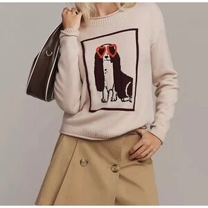 Anthropologie Flat White Dog Heart Sunglasses Intarsia Sweater Knit Beige Small